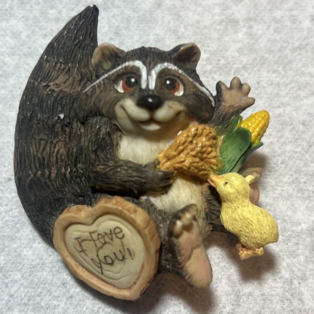 VTG "I Love You!" Racoon W/ Baby Chick, Wheat & Corn Pin, Brooch. Festive, Fun.